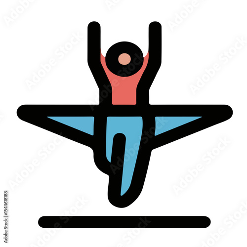 Stylized icon of a person performing a gymnastics routine on a balance beam with arms raised.
