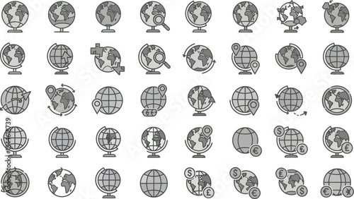 Monochrome Globe Icon Set in Grid Layout Featuring Travel, Navigation, and Global Business Symbols
