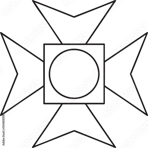 Geometric Maltese Cross with Circle and Square in Black and White Outline Design black white line