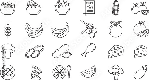 Minimalist Line Art Food and Diet Icon Set in Grid Layout Featuring Fruits, Vegetables, and Dietary Symbols