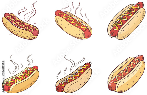 Hot Dogs Vector Designs Set Minimal Flat Style Fast Food Snack Illustrations