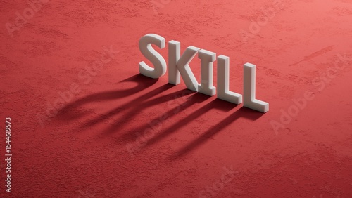 Word skill, Wooden small shadow of 3d charcaters with letters with copy space available.close up of shadow of 3d charcaters,Business Concept.3D rendering on red background.