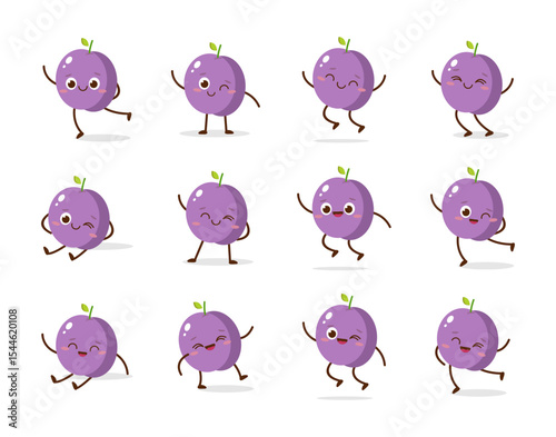 Cute purple plum cartoon character with a smiling face and friendly pose. Perfect for kids illustrations, healthy food designs, fruit-themed content, or educational materials. Isolated on white backgr