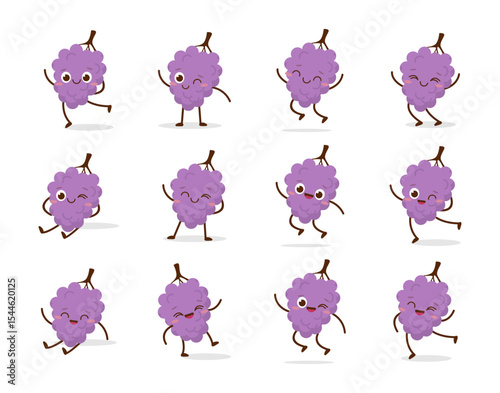 Cute purple grape cartoon character with a smiling face and friendly pose. Perfect for kids illustrations, healthy food campaigns, fruit-themed content, or educational materials. Isolated on white bac