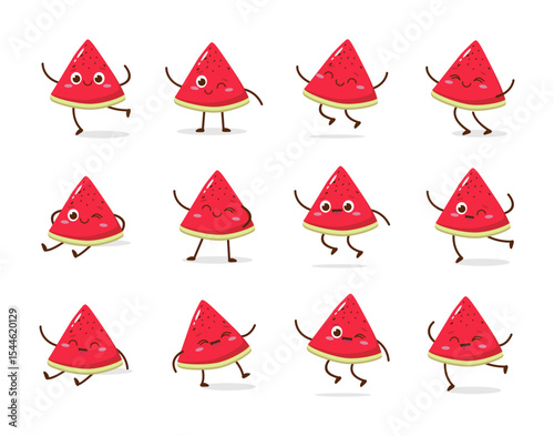 Cute red watermelon cartoon character with a smiling face, showing a friendly pose. Perfect for kids illustrations, healthy food designs, or educational materials. Isolated on white background with so