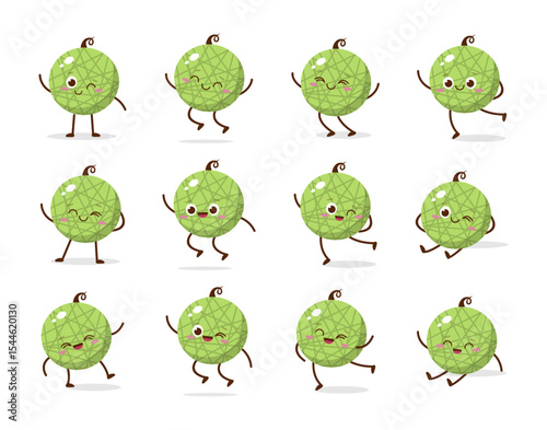 Cute green melon cartoon character with a smiling face, showing a friendly and playful pose. Perfect for kids illustrations, healthy food designs, or educational materials. Isolated on white backgroun