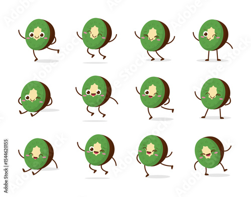 Cute brown kiwi fruit cartoon character with a smiling face, showing a friendly pose. Perfect for kids illustrations, healthy food designs, or educational materials. Isolated on white background
