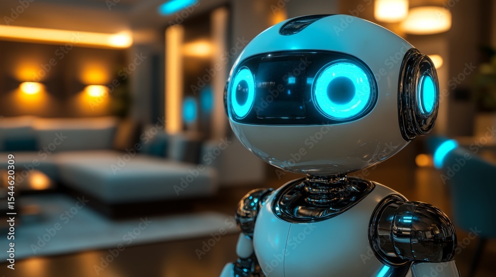 Fototapeta premium A charming robot enhances an elegant living area, adding a touch of futurism and companionship