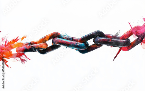 A chain split apart with a glowing dove above signifying the end of oppression Isolated on white Background