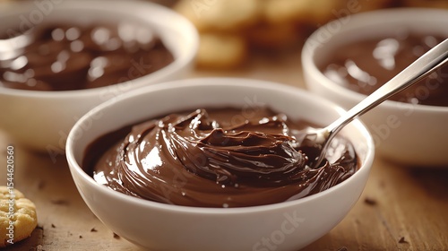 Rich chocolate spread in bowls with a spoon ready for serving.