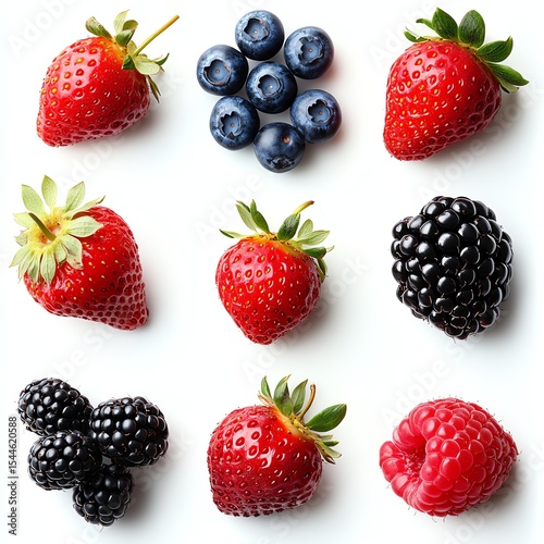 Colorful assortment of berries arranged in a grid pattern.