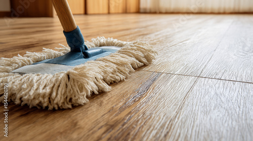 Wooden Floor Being Cleaned with a Mop - Close-Up Image