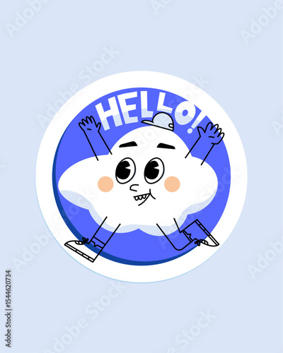 Cute Cloud Character with “HELLO” Text in Blue Circle Sticker