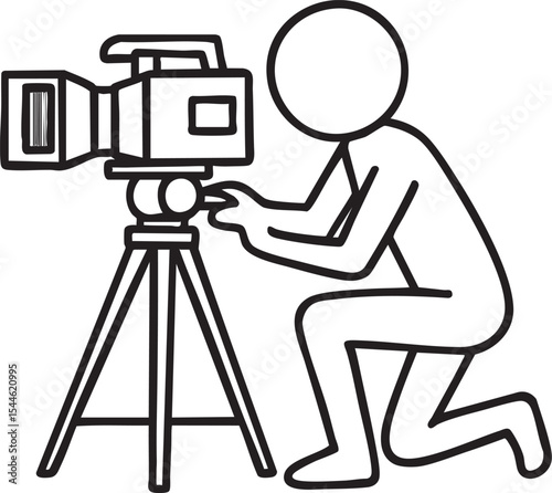 Simple Line Drawing of a Cameraman Kneeling Behind a Large Video Camera on a Tripod stick