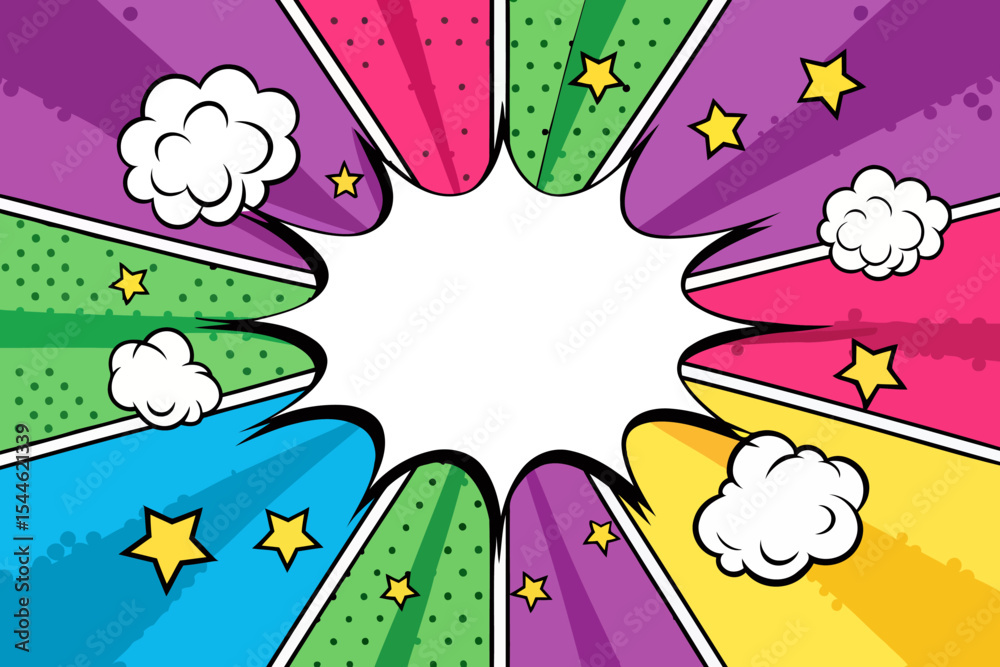 Naklejka premium Comic Style Pop Art Explosion Frame with Transparent Center and Colorful Starbursts