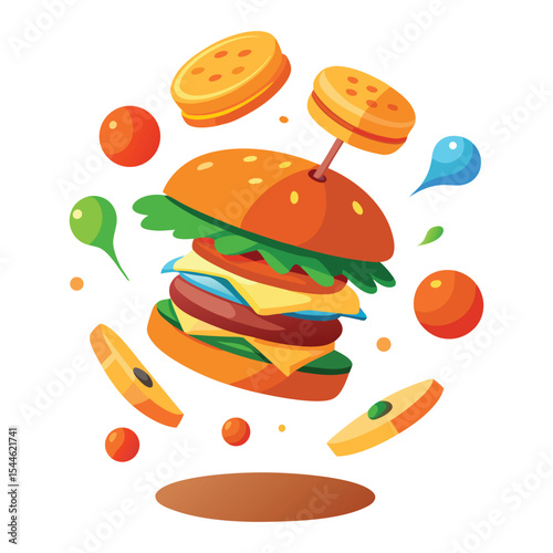 Juicy Burger Ingredients in Mid-Air: AI-Generated Food Explosion! bun beef meal menu cook onion fresh