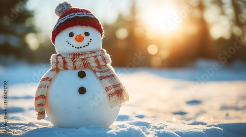 Snowman in winter landscape with sunlight and soft focus background.