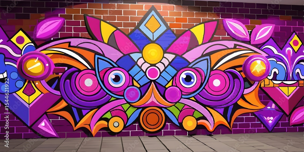 Fototapeta premium Vibrant abstract graffiti art mural on brick wall, urban street art