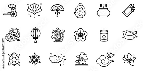 Chinese new year outline icon set. vector