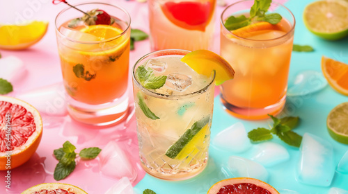 Multiple Cocktails with Ingredients on Colorful Background