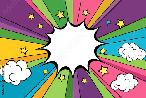 Vibrant Retro Pop Art Explosion Background with Multicolor Starbursts and Clouds