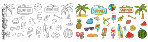 Hand Drawn Summer Doodle Vector Collection with Tropical Icons, Beach Items, Fruits, and Popsicles

