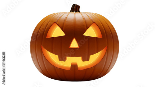 A glowing jack-o'-lantern with a carved face sits against a white background, ready for Halloween.