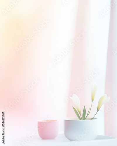 Delicate flowers in soft pastel pots.