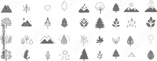 Set of mountain, tree and nature icons in minimalist silhouette line art form suitable for nature lovers, mountain climbers, and tourists for use in applications, banners, web and social media.