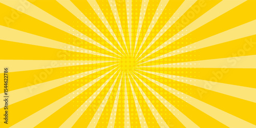 Yellow abstract background with light of sunburst. yellow starburst with halftone. sun ray retro background with flash