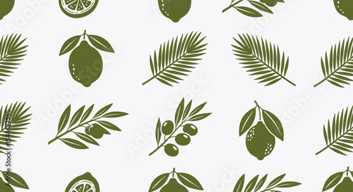 Mediterranean foliage seamless pattern. Olive branch, lemon, citrus slice and palm frond silhouettes repeat in olive-green on white. Elegant organic kitchen or textile print
