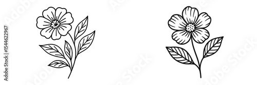 Two line-drawn flowers with leaves, showcasing unique designs and artistic flair in a simplistic style