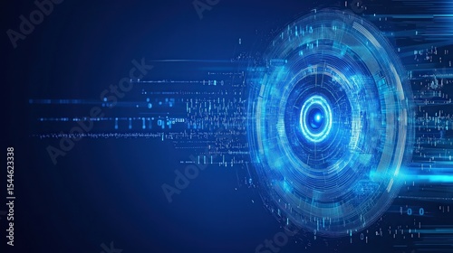 Futuristic Digital Technology Blue Background, Centered AI Robot Eye Design Showcases Innovation and Speed, Perfect for Various Promotional Scenarios