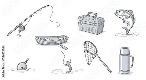 Freshwater fishing icon pack. Rod, tackle box, jumping fish, rowboat, landing net, buoy and thermos in soft grey sketch. Essential angler gear graphic
