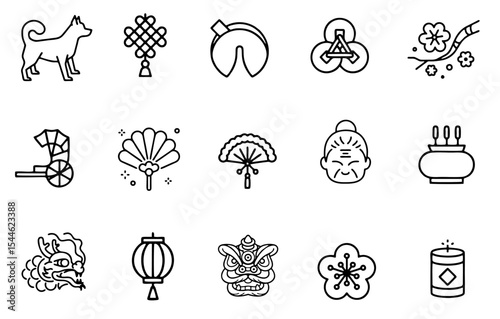  Chinese new year outline icon set. vector