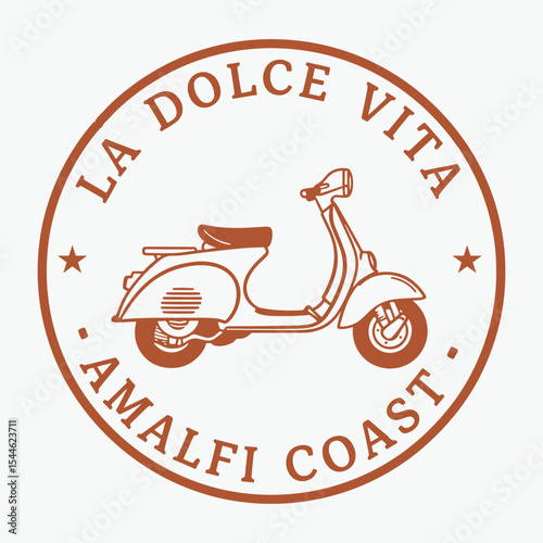 La dolce vita scooter badge. Retro Vespa style emblem with Amalfi Coast text. Vintage Italian travel logo for t-shirt and sticker design