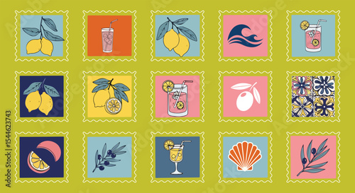 Mediterranean postage stamp collage. Lemons, cocktails, olives, seashell and wave icons in colorful retro frames. Summer dolce vita vibe for wall art and stationery