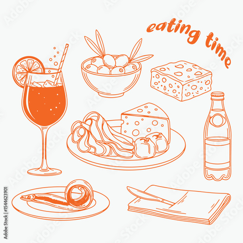 Eating time snack and drink set. Cheese plate, cured meat, olives, cocktail, bottled soda and dessert icons. Tasty hand drawn illustration for menu and social media