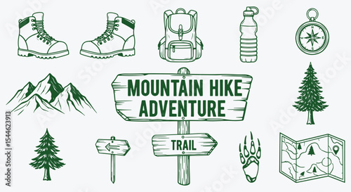 Mountain hike adventure kit. Boots, backpack, compass, water bottle, trail sign, pine tree and bear paw icons. Outdoor exploration illustration for camping poster