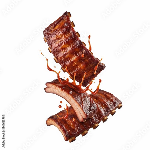 Delicious BBQ Ribs with Sauce Splashes Isolated on White Background