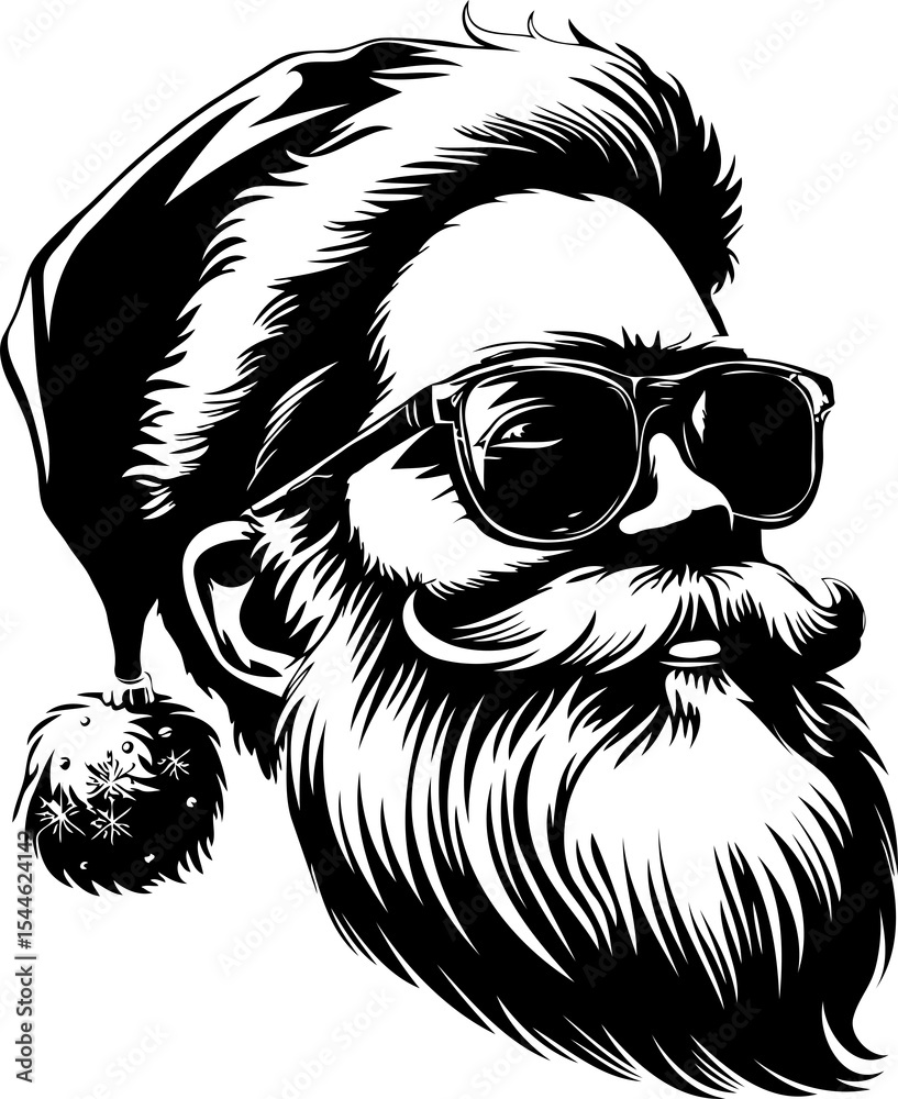 Fototapeta premium Cool Santa Claus with sunglasses and hat in black and white.