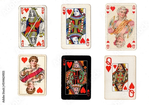 A vintage playing card in different designs isolated on a white background.
