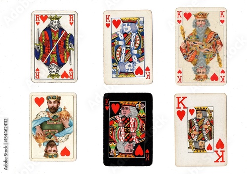 A vintage playing card in different designs isolated on a white background.