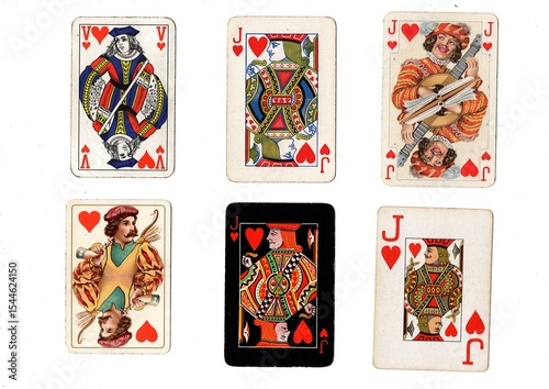 A vintage playing card in different designs isolated on a white background.