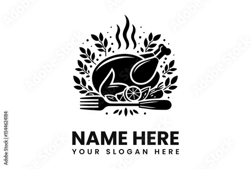 A stylized logo featuring a roasted chicken, vegetables, and cutlery, ready to serve.