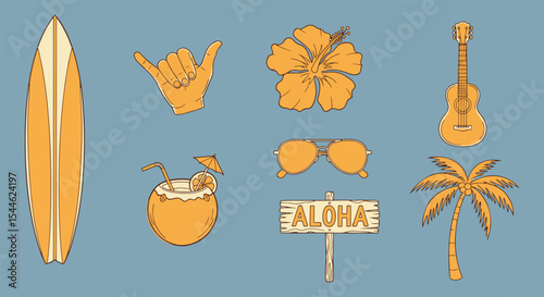 Aloha surf icon pack. Longboard, shaka hand, hibiscus bloom, coconut drink, sunglasses, ukulele and palm tree with Aloha sign. Fun tropical clipart for summer branding