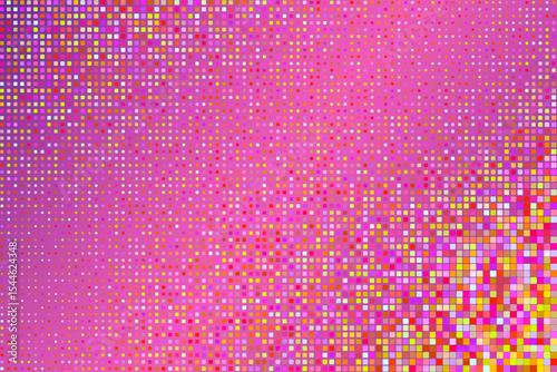 Colorful vibrant mosaic pattern with pink, red, yellow pixel tiles forming a dynamic gradient. Bright abstract background ideal for pop design, summer, and energetic visuals.