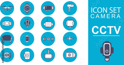Collection of illustrations of CCTV camera icons and drone cameras with different colors. for room monitoring. suitable for apps, web and social media icons or print