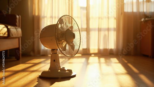 White desk fan in sunny room summer heat cooling