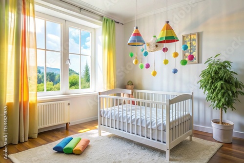 A colorful room with a crib and a toy house